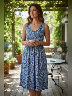 Lascana Scoop Neck Blue Paisley Midi Dress